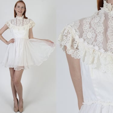 60s White Chiffon Wedding Dress, Bridal Party Sheer Lace Capelet, Vintage Solid Color Victorian Mini Gown 