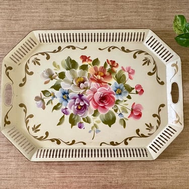 Vintage Large Floral Toleware Serving Tray - Hand Painted 24