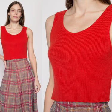 Small 70s Red Knit Crop Top Tank | Retro Vintage Ribbed Sleeveless Scoop Neck Cropped Shirt 