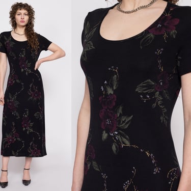 90s Slinky Black Floral Maxi Dress - Medium to Large | Vintage Short Sleeve Stretchy Grunge Dress 