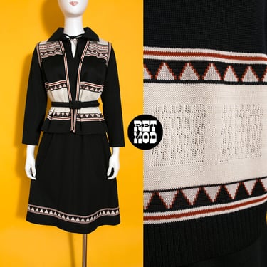 Fabulous Vintage 70s Black Knit Dress Set with Matching Vest and Fun Boho Pattern 