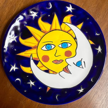 Talavera Mexican Folk Art Ceramic Sun, Moon and Stars Hand Painted Art Pottery Collector Plate | Y2K Celestial 