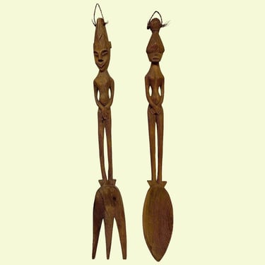 Vintage XL Fork and Spoon Wall Decor Retro 1960s Mid Century Modern + African + 30.5" H + Brown Wood + Hand Carved + MCM Kitchen + Oversized 