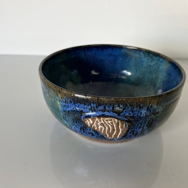 80's Vintage Blue Glaze Pottery Bowl, Signed 