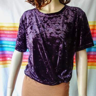 90s purple crushed velvet top size large, short sleeve stretch t shirt jewel tone 1990s soft goth baggy basic  oversize crew neck tee shirt 