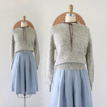 marled gray wool sweater - m - vintage womens cropped crop sweater size medium long sleeve pullover crew neck 