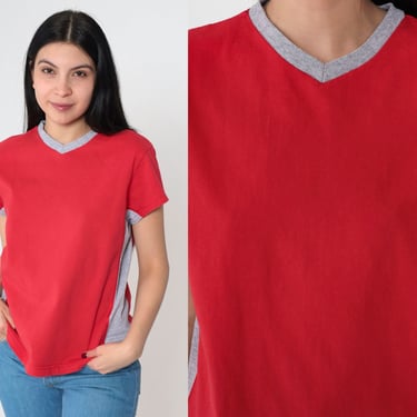 Red V Neck T Shirt 90s Ringer Tee Shirt Grey Striped TShirt Plain Top Retro Tee Short Sleeve Vintage Cotton Streetwear Athletic Medium 