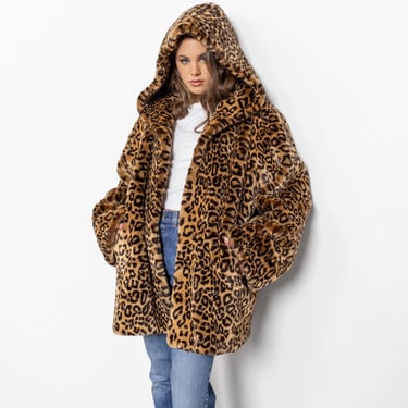 FAUX FUR COAT Vintage Leopard Animal Print Midi Hooded Jacket Vegan Pockets Fall Winter 90's Oversize / Large 