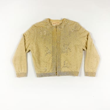1950s Saks Fifth Avenue Creme Sequin Embroidered Cardigan / Silk Lined / Angora / Fluffy / Iridescent Sequins / Snow Queen / White /  S / M 