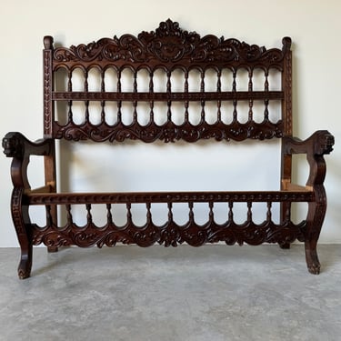 Vintage Spanish Colonial - Style Carved Mahogany Wood Hall Bench 