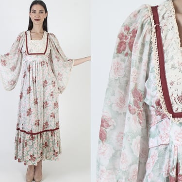 Bell Sleeve Kimono Dress, Autumn Floral Print, Vintage 70s Prairie Style, Boho Cottagecore 