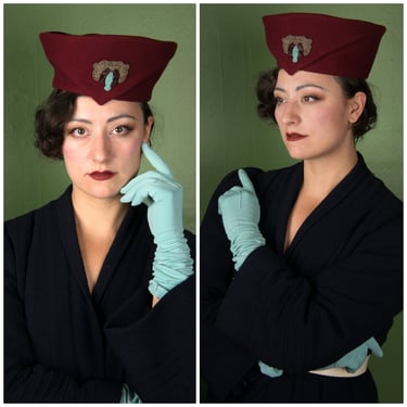 1940s Hat - Striking 40s Sculpted Toque in Rich Burgundy Felt with Beadwork from New York Creation 