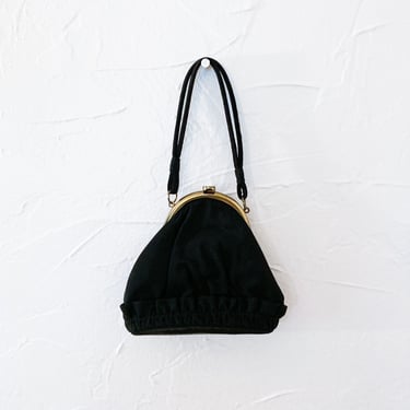 50s Ruffled Black Rayon and Gold Clasp Handbag Purse 