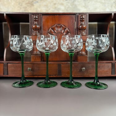 Duiske Crystal Tall Wine Glasses with Etched Harp Shamrock Design Green Stemware Set of 4 Irish Drinkware 