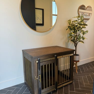 Dog Crate with Sliding Barn Doors, Brass Bars and Hardware, Kennel, small, medium, large, x-large, handmade, Farmhouse, Custom, Rustic 