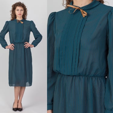 80s Striped Teal Secretary Dress - Medium | Vintage Puff Sleeve Pleated Midi Dress 