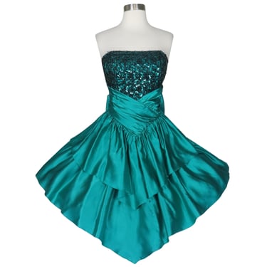 Vintage 80s Teal Tiered Sequin Strapless Prom Party Dress S Small Extra Small Blue Green Full Skirt Full Skirt Zum Zum Short Costume Dance 