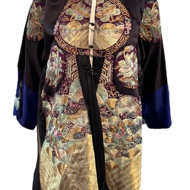 20s Black Silk Chinese Jacket With Large Heavily Couched Multi Color Applique