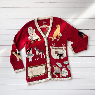 red Christmas sweater 90s vintage dog embroidered chenille cardigan 