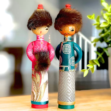 VINTAGE: 2pcs - Wooden Couple Kokeshi Dolls with Natural Fur - Mongolian Asian Dolls - Collectable Doll - SKU 25-C2-00035383 