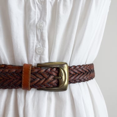 brown braided leather belt 90s vintage woven leather belt 