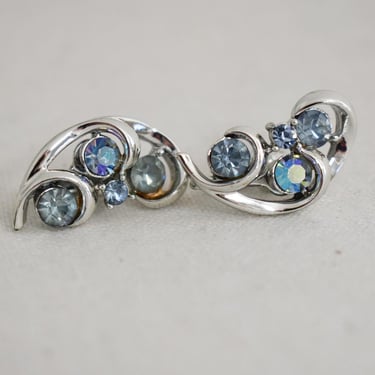 1960s Blue AB Rhinestone Clip Earrings 