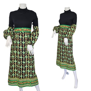 1960's Black Neon Green Floral Print Psychedelic Maxi Dress I Sz Sm I 