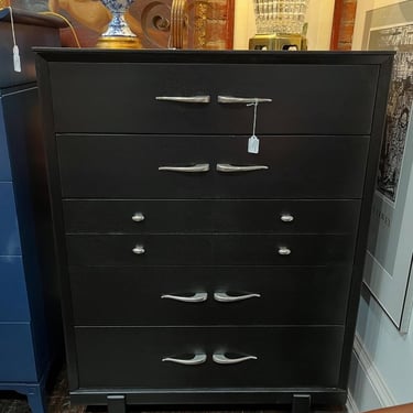 Black painted mid century 5 drawer chest. 34” x 18” x 45.5” 