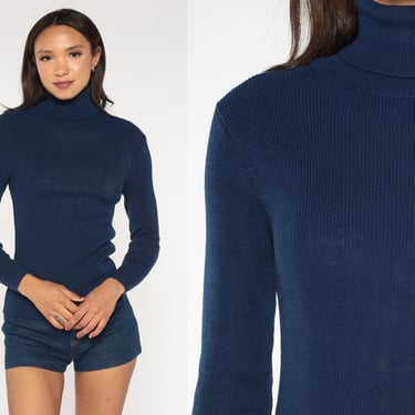 Navy Blue Turtleneck 70s Ribbed Knit Sweater Top Long Sleeve Retro High Neck Simple Vintage 1970s Acrylic Small xs s 