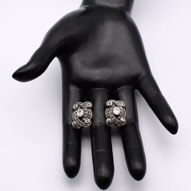 80's Judith Jack sterling crystal marcasite earrings, JJ Art Deco style 925 silver pyrite omega back studs 