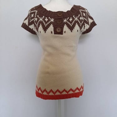 Vintage 1990's Delia's Brown, Ivory and Orange Fair Isle Short Sleeve Sweater Tunic 