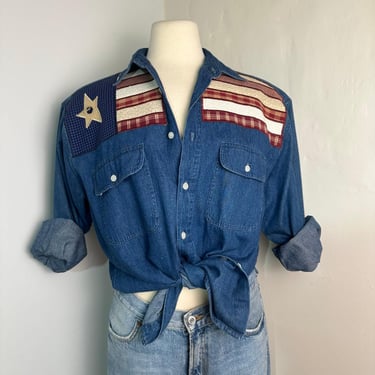 Vintage Denim Americana Shirt with US Patriotic Patchwork Flag  | Retro Denim Vest | Vintage Western Shirts |  Womens Gifts 