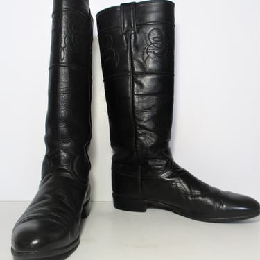 Vintage 1980s Justin Knee High Roper Cowboy Boots, Size 8 1/2B Women, black leather 