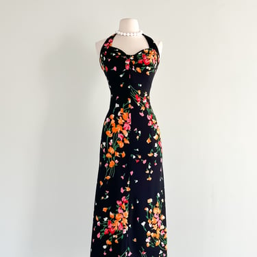 Darling 1970's Black Floral Halter Dress / Sz XS