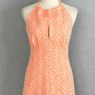 1970s - Orange - Halter Dress - Mid Century Mod  - Retro Party Dress 