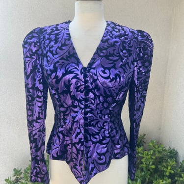 Vintage 80s jacket or top metallic purple velvet black peplum style Sz 10 Partique New York 