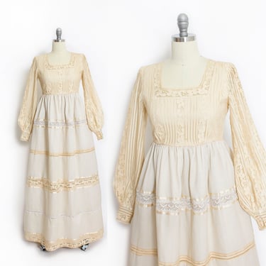 1960s Maxi Dress Boho Lace Wedding Gown Beige S 