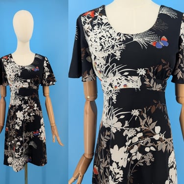 Vintage 70s Tropicana Hawaii XS Black Floral Print Mini Dress with Cape Sleeves - Seventies Tiki Butterfly Floral Print Dress 