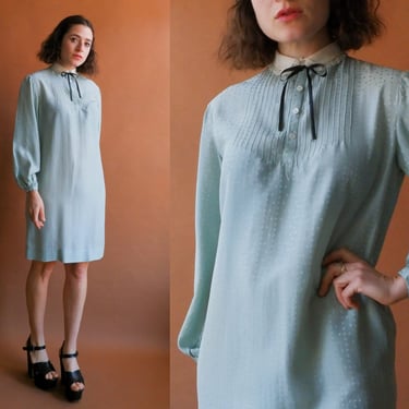 Vintage 80s Silk Shirt Dress with Collar and Bow/ Size Small 