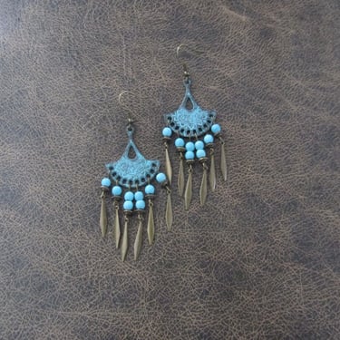 Patina chandelier earrings, boho earrings, large ethnic tribal earrings, bohemian unique bronze earrings 
