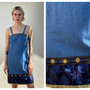 90s Denim Mini Dress / Light Blue Wash Cotton / Summer Nineties Dress with Mirrors and Dragon Satin / Spaghetti Strap Dress 