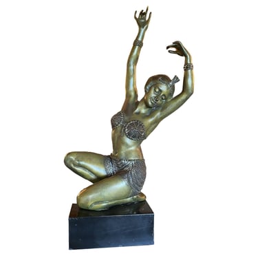 Art Deco Bronze Flapper Girl Statue on Marble by Affortunato Gory 