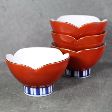Set of 4 Vintage Ceramic Rice Bowls | Japanese Rice Bowls | Lotus Shape Bold Color Red-ish Orange, Blue & White | Bixley Shop 