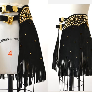 90s Vintage Black Leather Fringe Belt Skirt XS Small K Baumann Studded Leather Fringe Belt Rhinestone Cowgirl Cowboy Rodeo Gold BLack 