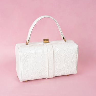 Vintage 1950s Gamins White Crocodile Embossed Structured Handbag with Gold Tone Hardware and Top Handle 