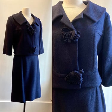 Vintage 60s Suit / MOD Skirt Suit / Navy Blue / Cropped Jacket + POM POM Buttons + Straight Wiggle Skirt / Forstmann 