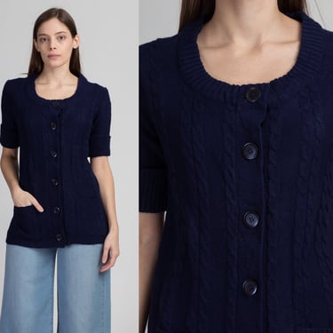 M| 70s Navy Blue Short Sleeve Cardigan Top - Medium | Vintage Donnkenny Boho Knit Pocket Sweater 