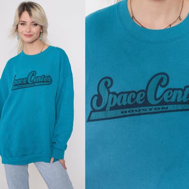 Space Center Houston Sweatshirt Vintage 00s NASA Johnson Space Center Graphic Sweatshirt Turquoise Blue Astronaut Shirt Y2K Extra Large xl 
