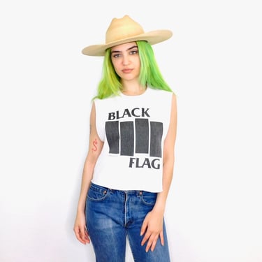 Black Flag Punk Tee // vintage rock shirt boho t tee t-shirt tshirt white cotton dress crop top cropped band // S/M 