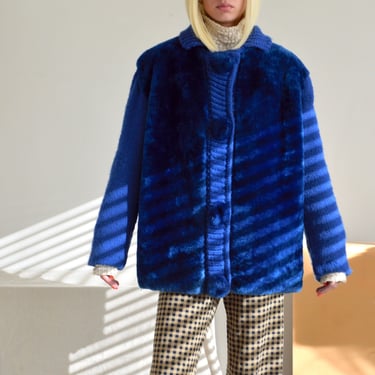 60s shearling and knit cobalt pom pom mixed media jacket 